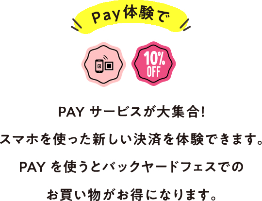 PAYサービスが大集合！スマホを使った新しい決済を体験できます。PAYを使うとバックヤードフェスでのお買い物がお得になります。